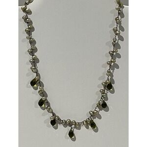 Vintage Pearl Necklace Green Crystal‎ Dangles Delicate Chain Women's Jewelry